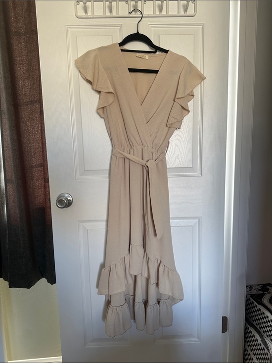 Py Dresses & Skirts - Beige Ruffle Surplice High-Low Dress